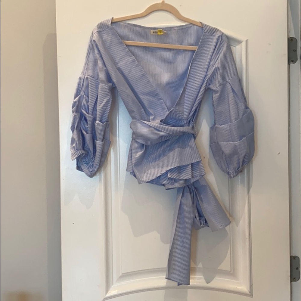 Blue pinstriped wrap blouse